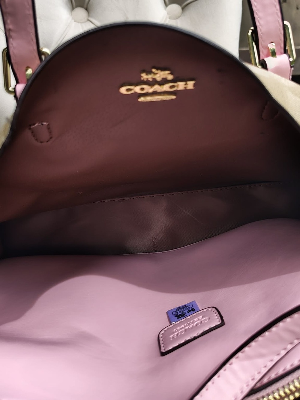 Coach Khaki Signature Canvas Tote with Pink Trim - Picture 6 of 6